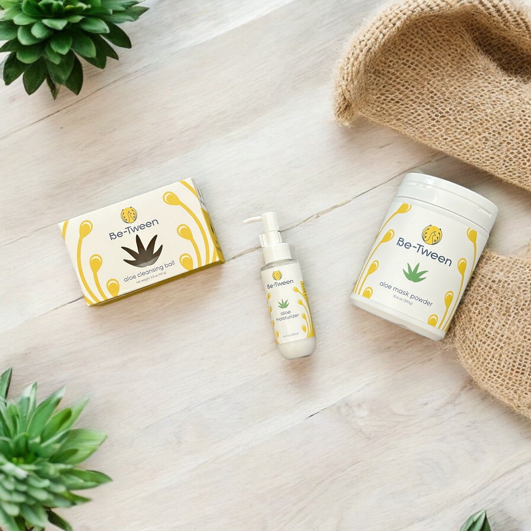 Be-Tween Aloe Ultimate Skincare Bundle: Aloe Cleansing Ball, Aloe Moisturizer, and Aloe Mask Powder arranged together, showcasing the complete skincare routine for tweens.