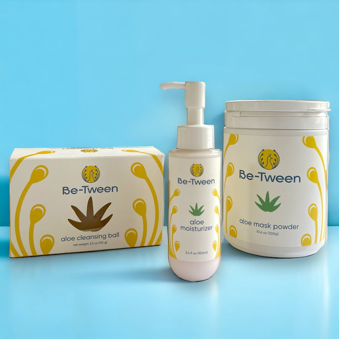 Skincare bundle including the Aloe Cleansing Ball, Aloe Moisturizer, and the Aloe Mask Powder to create a basic skincare routine for tweens, ages 7-12