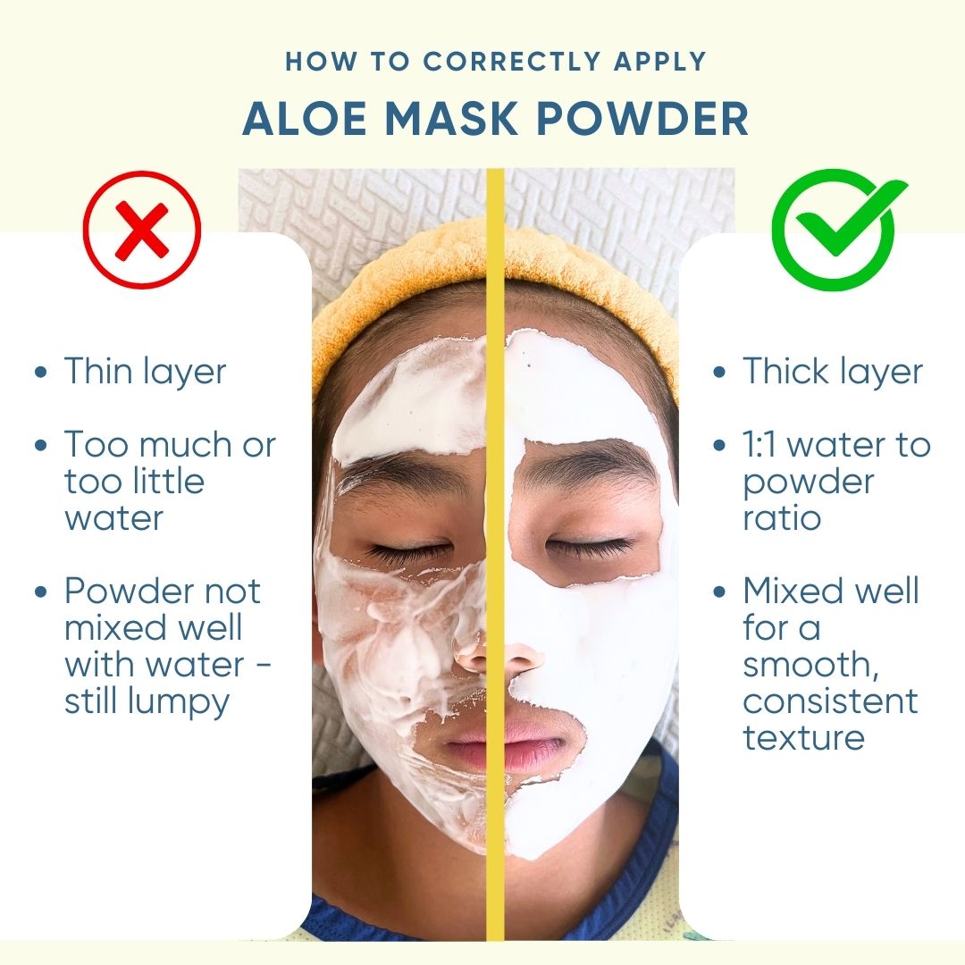 How to correctly apply aloe mask powder: No to Thin layer, Too much or too little water, Powder not mixed well with water - still lumpy.  Yes to Thick layer, 1:1 water to powder ratio, Mixed well for a smooth, consistent texture