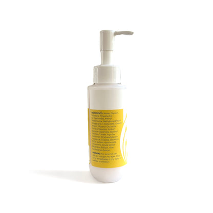 Be-Tween Aloe Moisturizer, a hydrating face lotion for tweens. Made with squalane and hyaluronic acid.  This image shows the back of the bottle with ingredients.