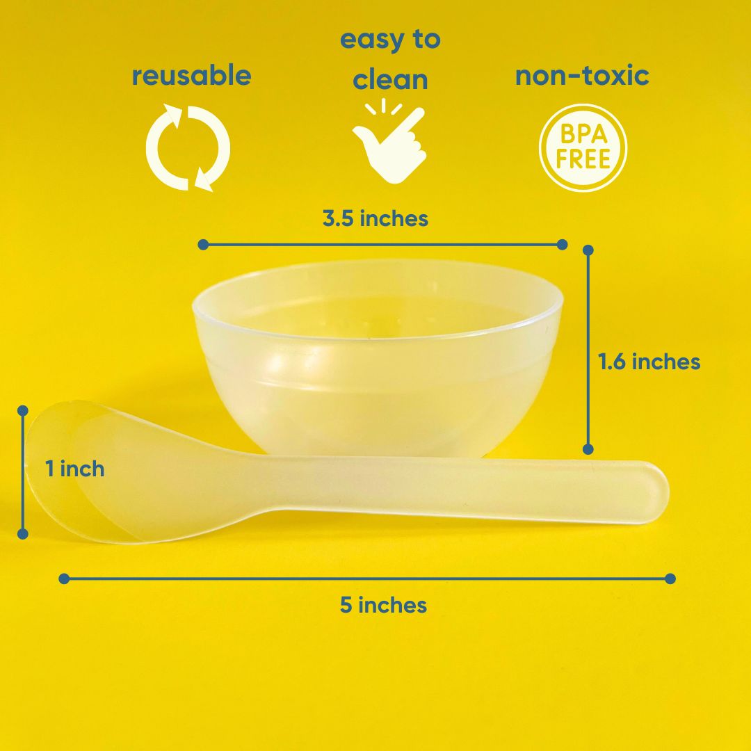 Facial Mask Mixing Bowl (3.5 in x 1.6 in) and Spatula (1 x 5 in) with labels for size. Benefits highlighted: Reusable, Easy to Clean, Non-Toxic BPA-free plastic.